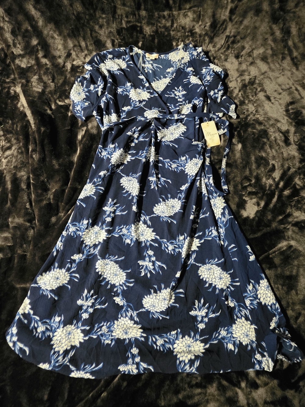 NWT- Misia Navy Blue Floral Midi Wrap Dress